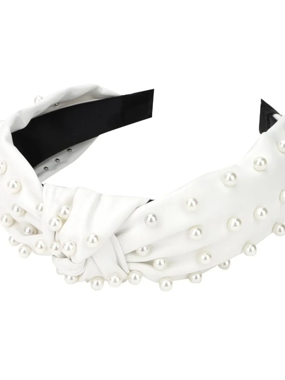 Pearl Embellished Knotted Headband for Women & Girls - Wide Faux Leather White H